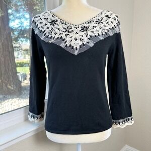 Sleeping on Snow Anthropologie Sweater Womens M Black White Crochet Lace Beaded
